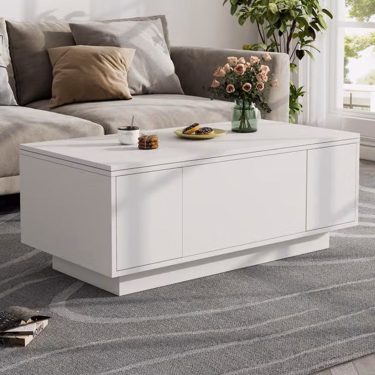 Tavolino da divano, dimensioni 100 x 50 x 43 cm, realizzato in pannello di particelle rivestito in bianco, dotato di un meccanismo di sollevamento a doppio sistema, vano contenitore nascosto e 2 ante
