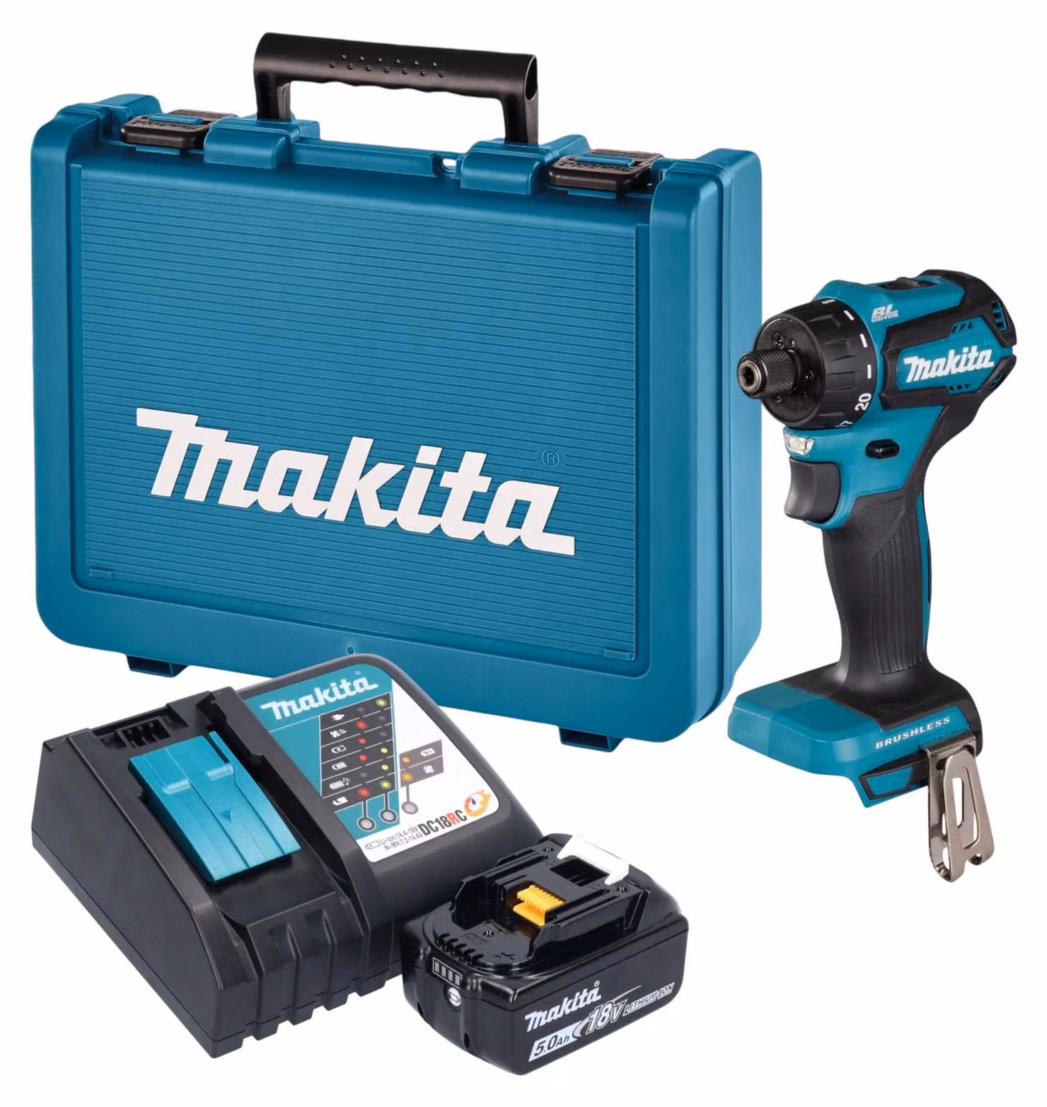 Trapano avvitatore a batteria Makita DDF 083 RT1E 18 V 40 Nm 1/4'' brushless + 1 batteria da 5,0 Ah + caricabatterie + valigetta