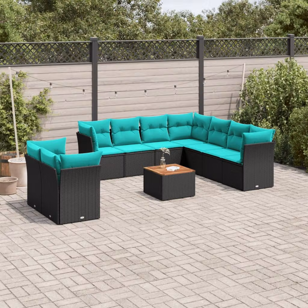 vidaXL Set Divani da Giardino 11 pz in Polyrattan Nero con Cuscini e Tavolino da Esterno a Forma di L – 1