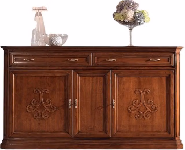 Credenza classica Mobili 2G in legno noce con 3 porte e 2 cassetti, L: 196 cm, P: 50 cm, H: 110 cm – 1