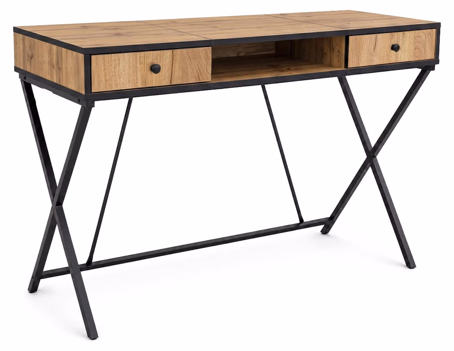 Scrivania PC industriale Rovere Craft CROSSLINE 120 cm 2 cassetti 1 ripiano gambe nere