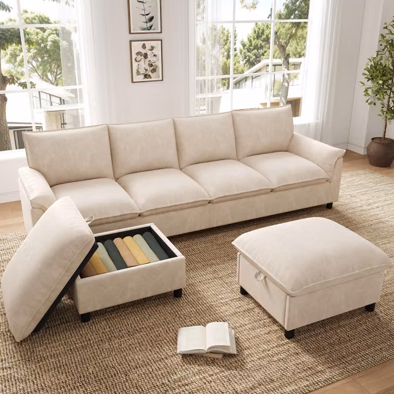 MODFU Divano modulare a forma di U beige, divano angolare a 4 posti con 2 poggiapiedi, divano grande con schienale alto, ciniglia, L 264,5 × A 84 × P 78,5 cm