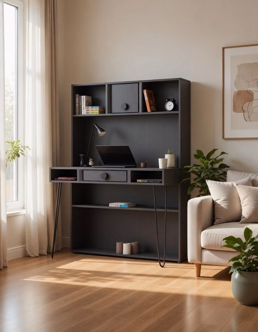 Scaffale da scrivania con cassetto e ripiani aperti dal design moderno