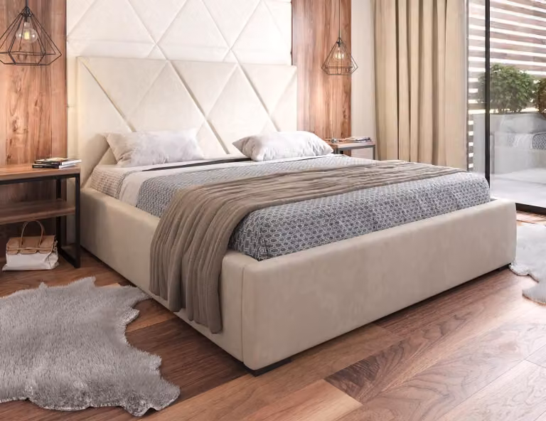 Bett Beige Doppelbett Stil Elegantes Bett Polster Stoff Schlafzimmer Modern