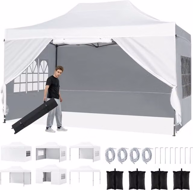 Gazebo da giardino 3 x 4,5 m con 4 pareti laterali removibili, Gazebo da esterno pieghevole altezza regolabile Bianco