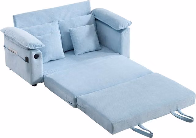 Divano Futon 3-in-1 147 cm, Letto Pieghevole con Tasche Laterali, Rivestimento Blu per Soggiorno
