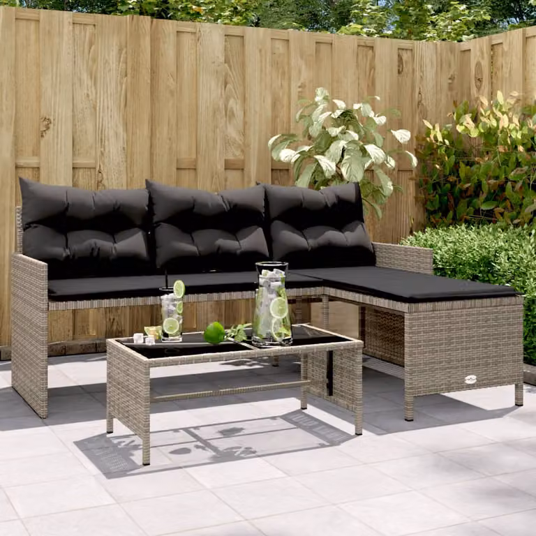 Set da giardino a L vidaXL con divano a 3 posti, tavolino e cuscini grigi in rattan e metallo