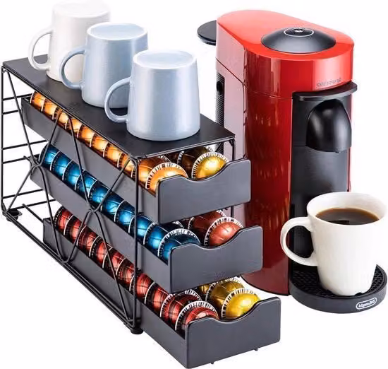 Portacapsule Nespresso Vertuo in metallo nero con 3 livelli per 60 capsule