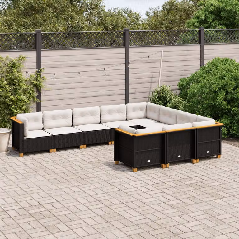 Set di divani da giardino vidaXL in polyrattan nero con cuscini bianchi e imbottitura mista
