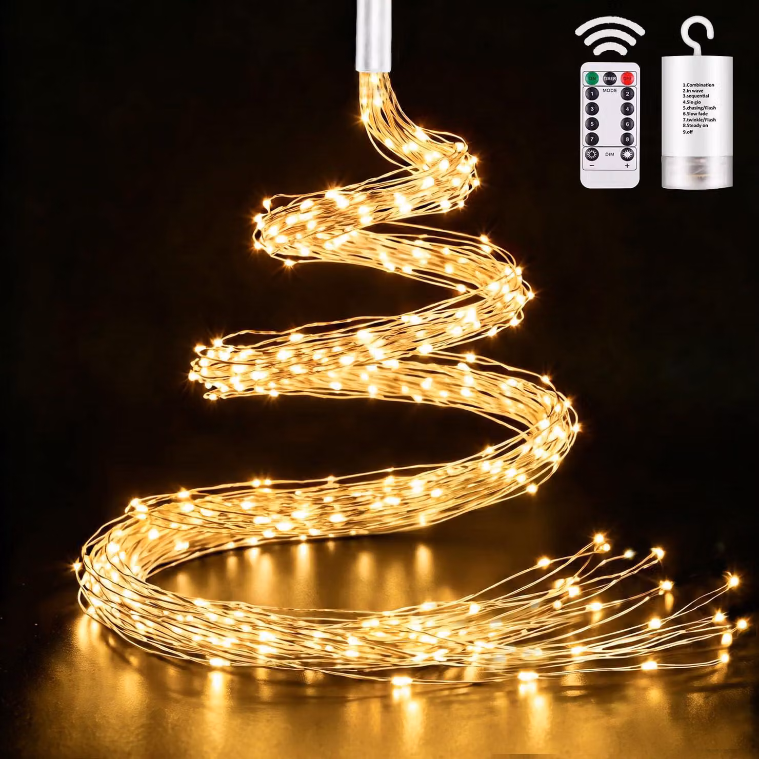 Catena luminosa di 1 metro, con 100 LED, alimentata a batteria, dotata di timer, telecomando e 8 modalità di illuminazione per decorazioni natalizie