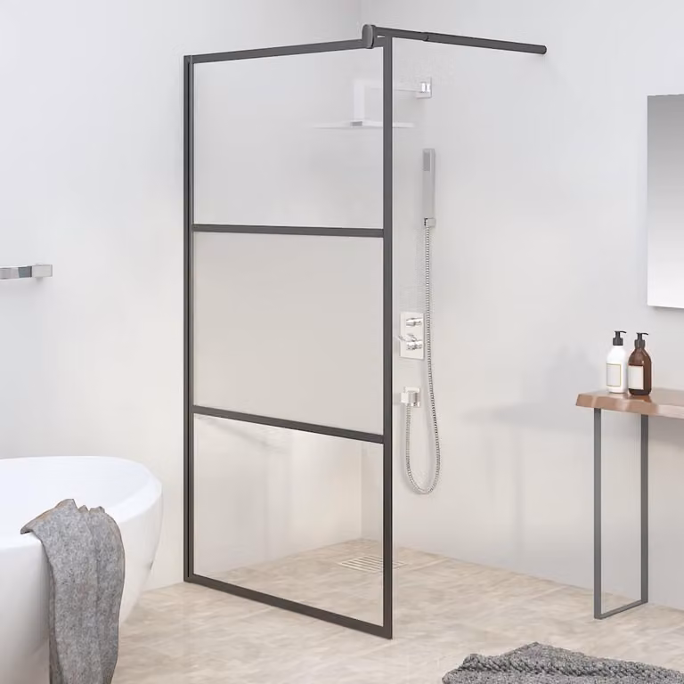Parete Doccia Walk in vidaXL in Vetro Semi Smerigliato con Profilo Nero L: 100 cm, H: 195 cm