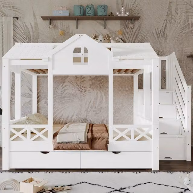 Letto a Castello MINIMAL per Bambini con Cassetti e Scaletta in Pino e MDF, Bianco, L/P/H: 254.5 x 126 x 170 cm