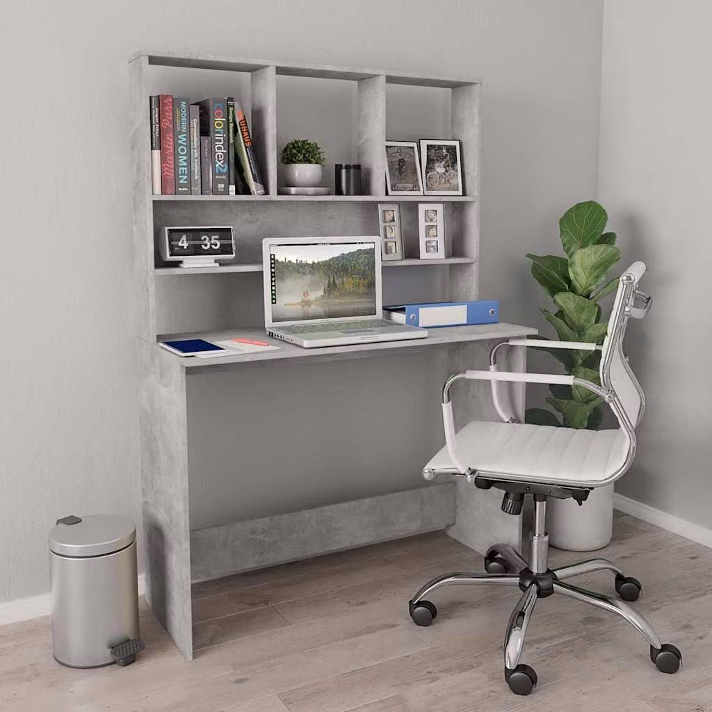 Scrivania con mensole vidaXL in legno multistrato, colore grigio, L 110 x P 45 x H 157 cm