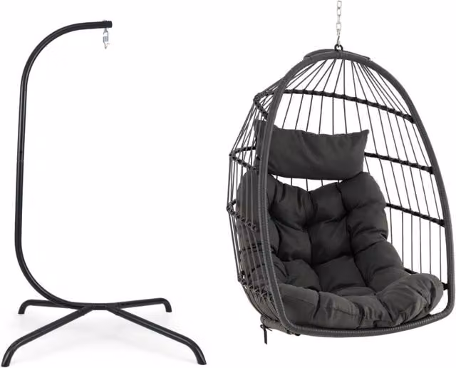 Supporto per sedia sospesa a uovo in metallo con sedia in vimini e cuscino, struttura girevole a 360 gradi per giardino e terrazzo, nero e grigio – 1