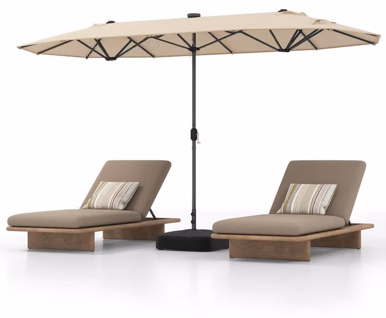 Ombrellone doppio, dimensioni 400 x 200 cm, con illuminazione solare a LED e manovella, protezione solare UPF 50+, color beige