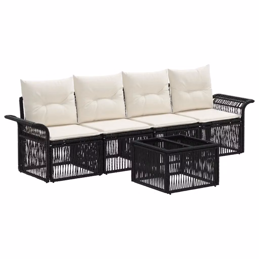 Set Divano da Giardino 5 Pezzi vidaXL Nero con Cuscini e Tavolino in Polyrattan e Acciaio – 2