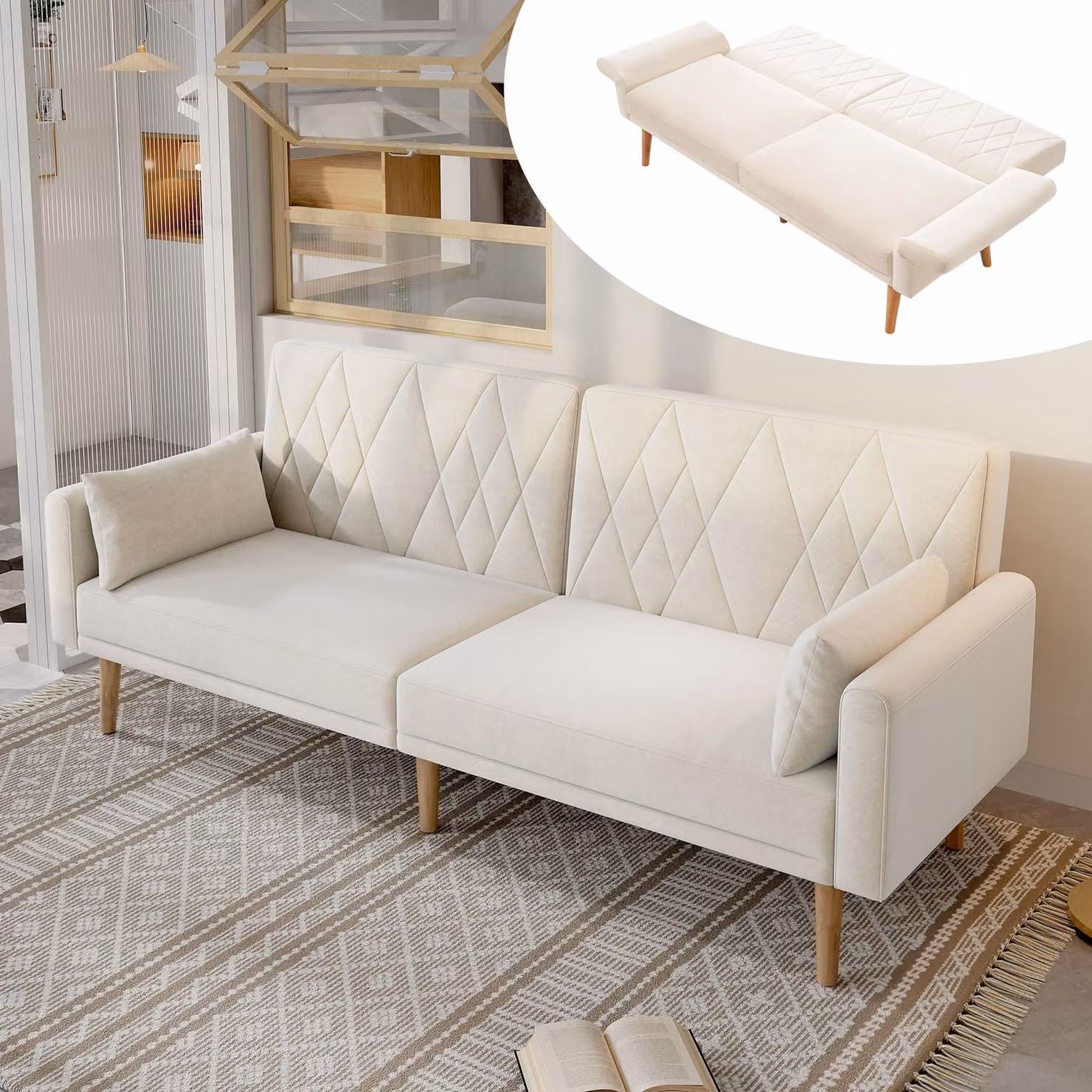 Divano letto Merax, divano a due posti con funzione letto, schienale e braccioli regolabili, 2 cuscini, divano, divano letto, divano da salotto, velluto, beige