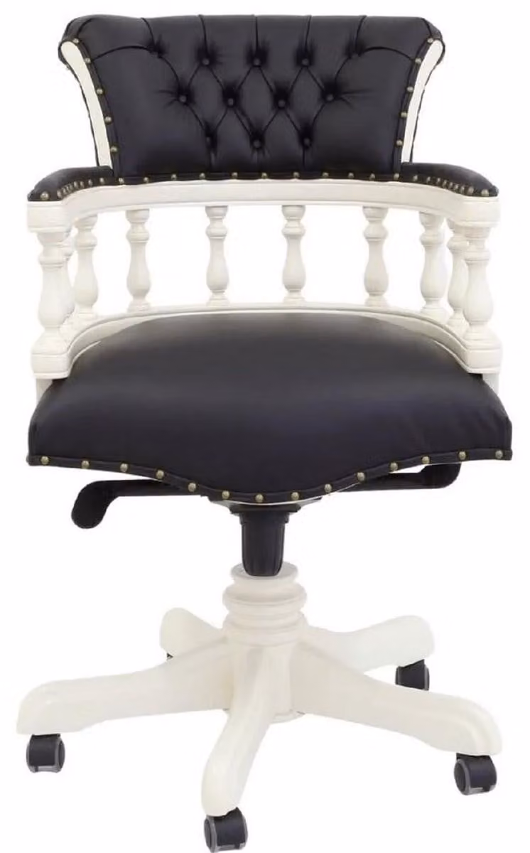 Casa Padrino sedia da scrivania barocca in vera pelle Chesterfield nero / bianco h. 107 cm - Mobili da ufficio barocchi