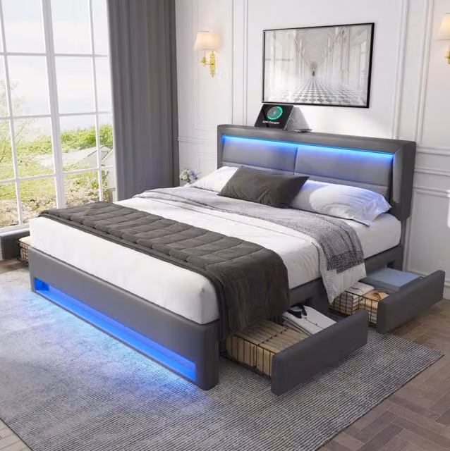 Letto imbottito 140x190 cm; USB e LED; PU; grigio; (Senza materasso)