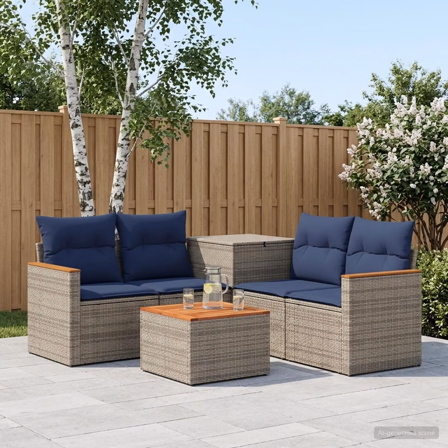 Set di divani da giardino vidaXL a forma di L composto da 6 pezzi in rattan sintetico e acciaio con cuscini inclusi, colori grigio e blu navy