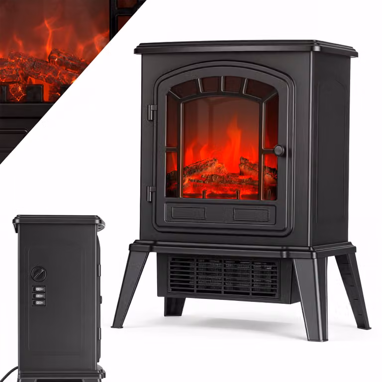 Camino elettrico da pavimento, 1800 W, fiamma LED separata, colore nero
