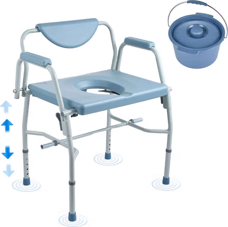 Sedia da degenza con braccioli ribaltabili e schienale rimovibile, regolazione in altezza a 5 livelli 50-62 cm, secchio rimovibile da 7 litri, facile da montare, portata 453,6 kg
