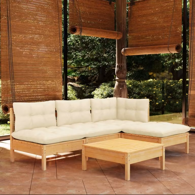 The Living Store Set salotto da giardino 5 pezzi con cuscini crema legno di pino