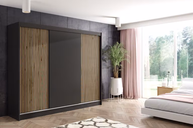 Armadio ALTDECOR con ante scorrevoli a lamelle, guide su cuscinetti a sfera e listelli in alluminio - VILO - 250 cm - Nero/Rovere Wotan a lamelle