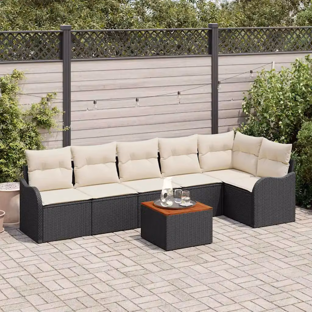 Set Divano da Giardino vidaXL a Forma di L in Polyrattan Nero con Cuscini e Tavolino da 7 Pezzi – 1