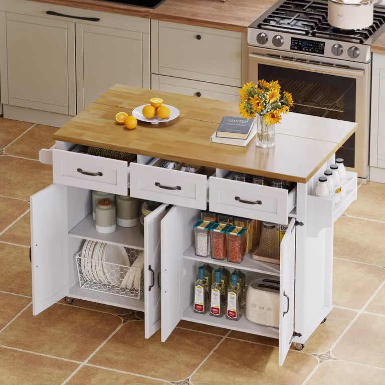 Carrello da cucina STILVORA con piano di lavoro ribaltabile, isola da cucina, mobile da cucina con rotelle bloccabili, credenza con cassetti e portasciugamani, bianco