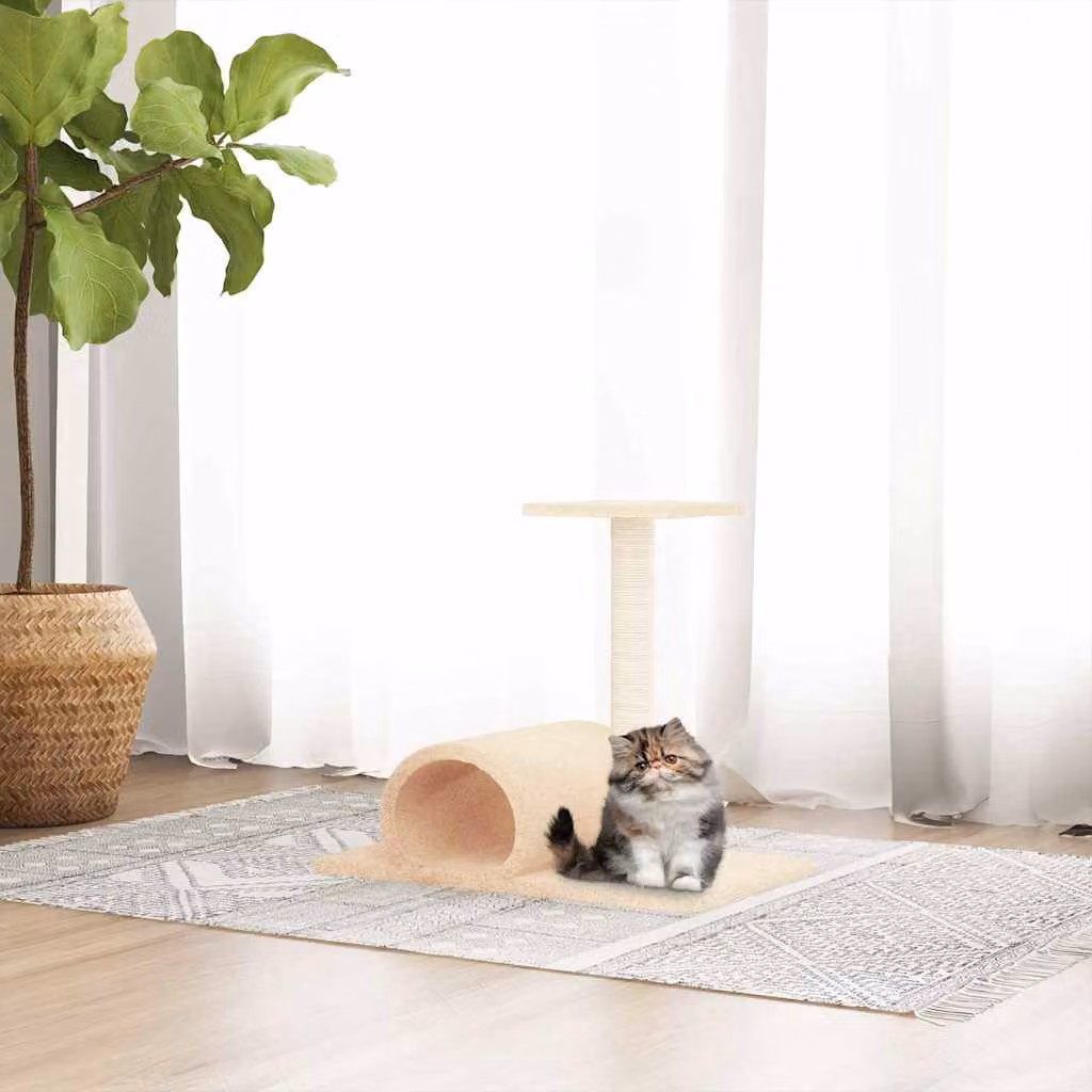 vidaXL Palo Tiragraffi per Gatti con Tunnel in Sisal, Colore Beige, L 60 x P 34,5 x H 50 cm