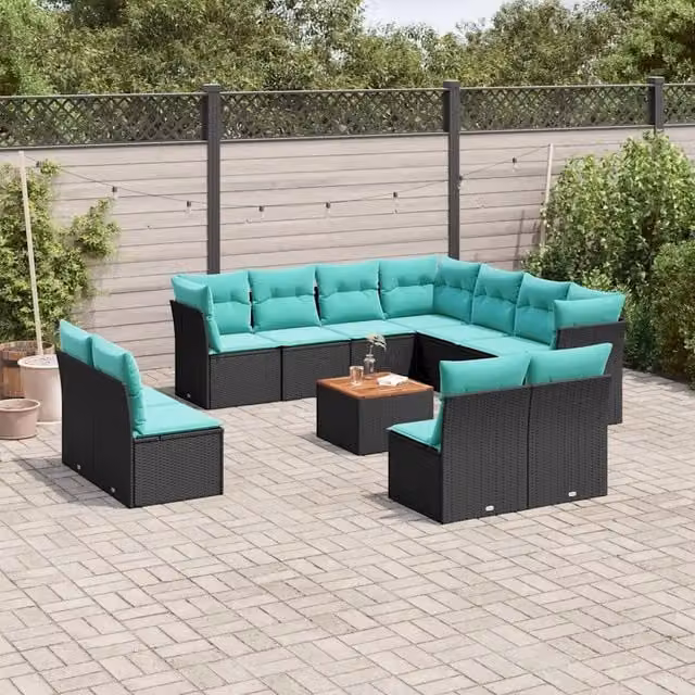 Set di Divani da Giardino a L vidaXL in Polyrattan Nero con Cuscini e Tavolino da Esterno