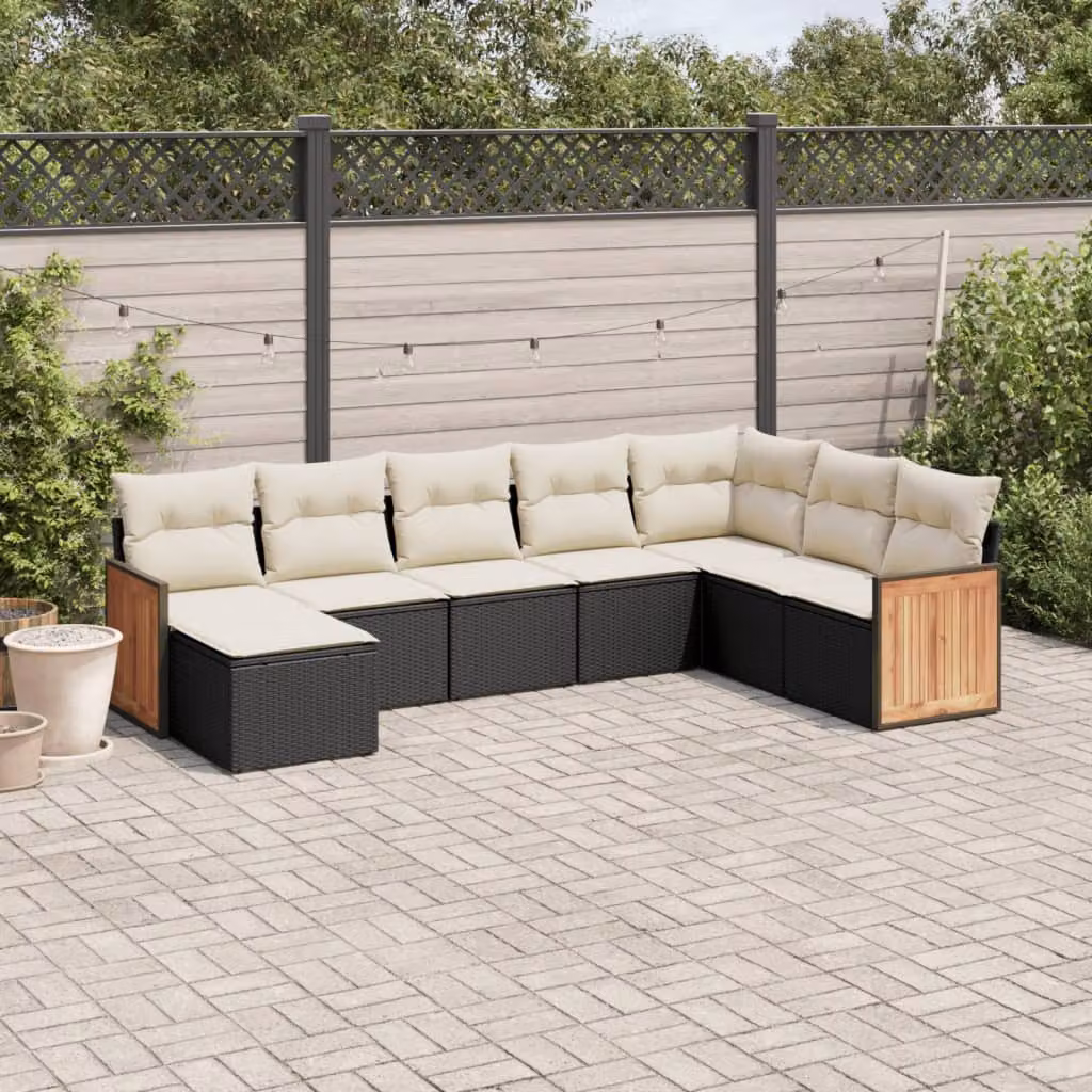 Set Divani da Giardino vidaXL a Forma di L in Polyrattan Nero con 8 Cuscini e Ottoman – 1