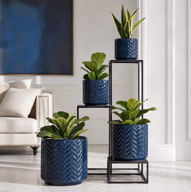 Set di 4 Vasi in Ceramica Artigianale Blu Scuro Lucido con Rilievo a Spina di Pesce, Ø37/31/24,5/17,5 cm, Fori di Drenaggio, Per Interni e Giardino
