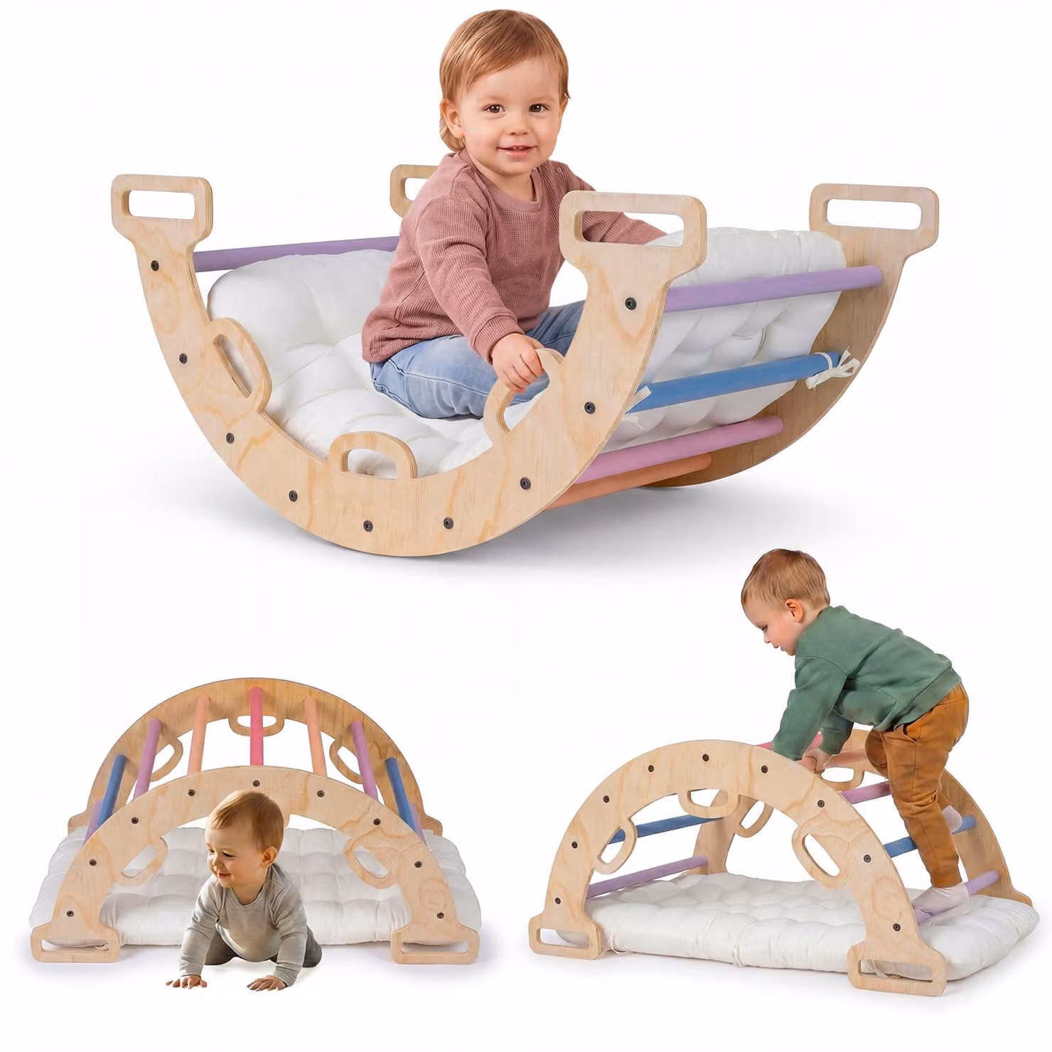 COSTWAY - Struttura a forma di arco in legno con cuscini, altalena-arrampicata Montessori, triangolo per arrampicata, altalena ad arco, arcobaleno, struttura per arrampicata da interno per bambini dai 3 anni in su, 81 x 48,5 x 38,5 cm