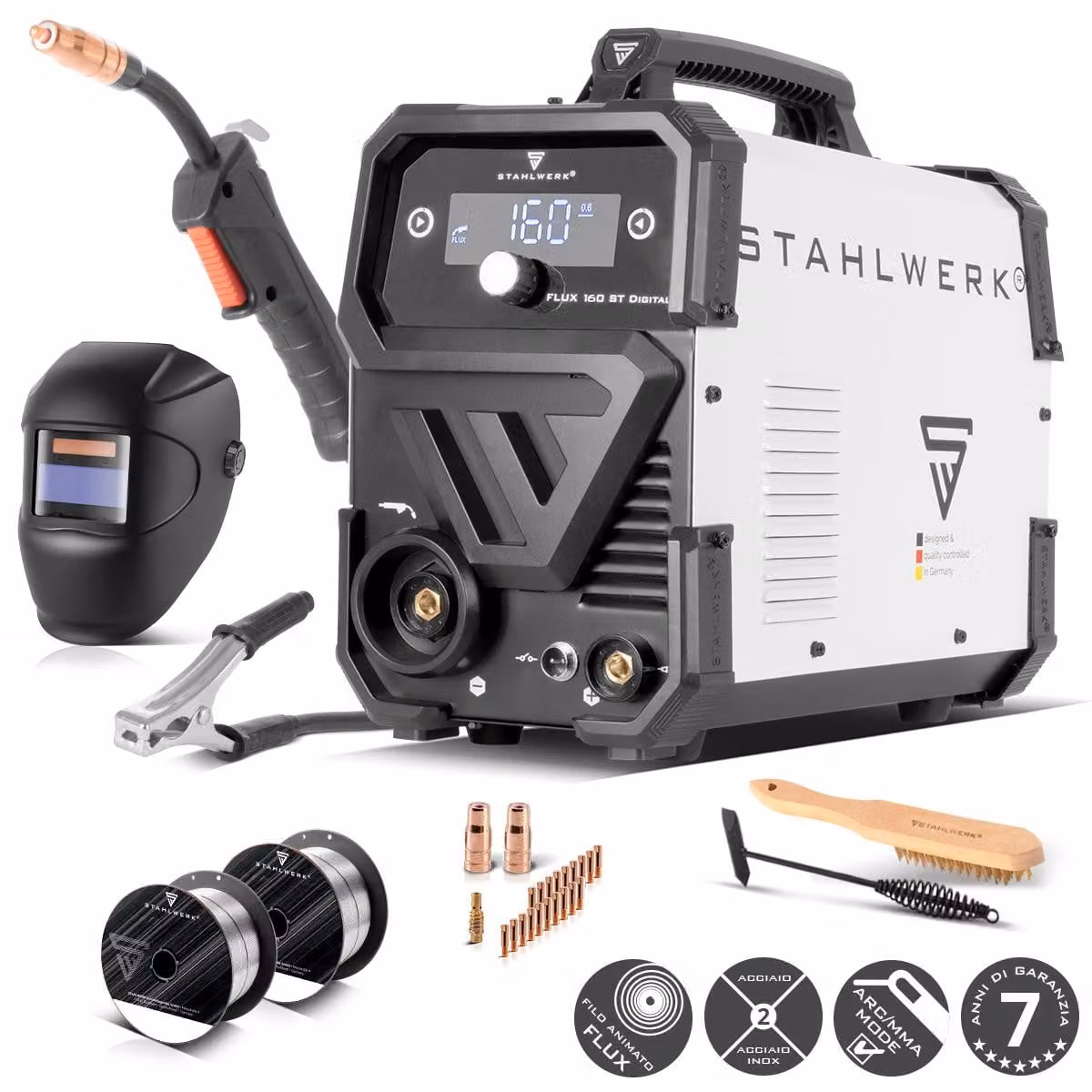 STAHLWERK FLUX 160 ST Saldatrice digitale - completamente attrezzata - combinata 3 in 1 con 160 A, saldatura a filo continuo senza gas, MMA (MMA/ARC), Lift-TIG (DC)