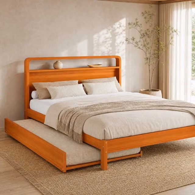 Letto matrimoniale 140x200 cm naturale in legno di pino, letto estraibile 90x190 cm, senza materasso