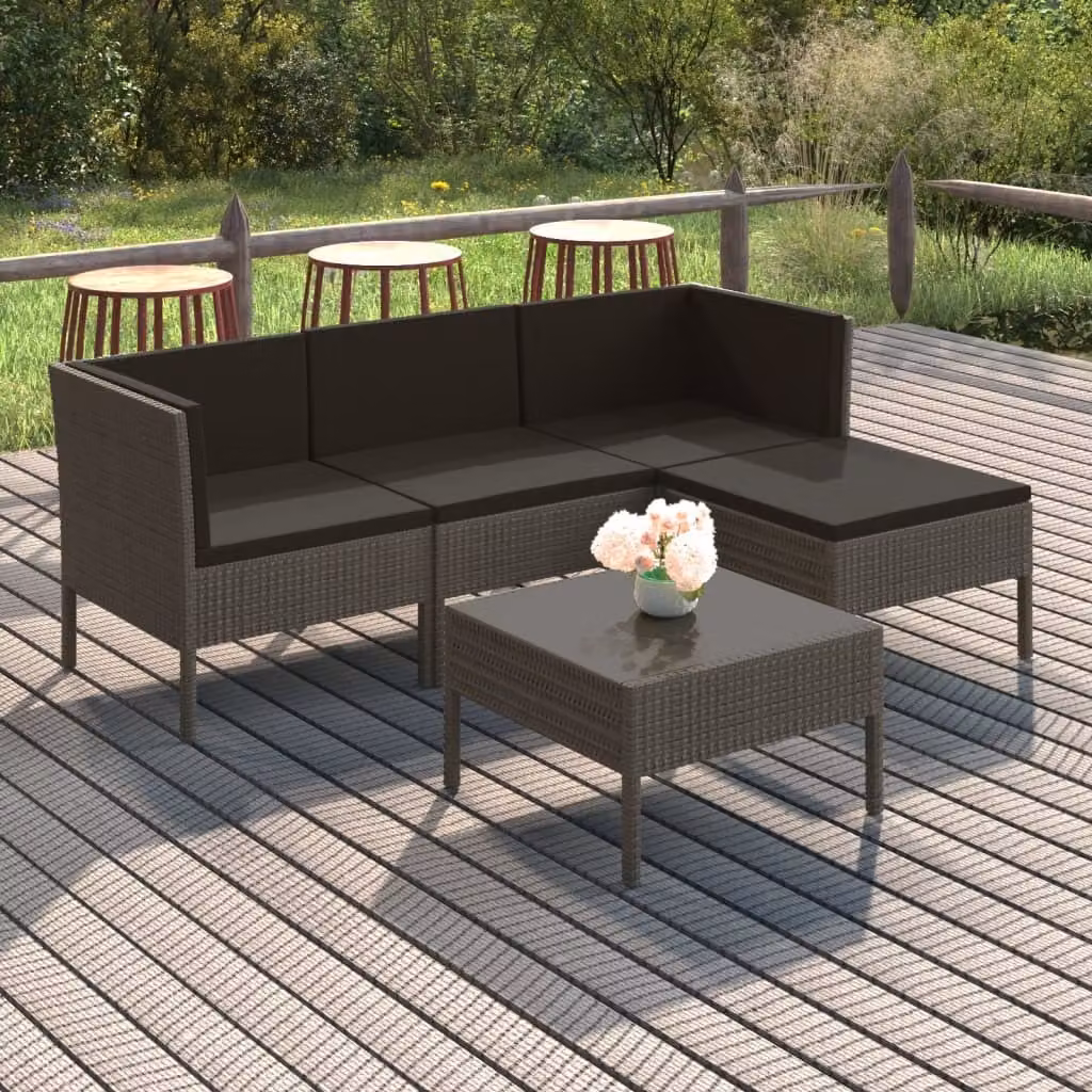 The Living Store Set da giardino 5 pezzi con cuscini in poly rattan grigio