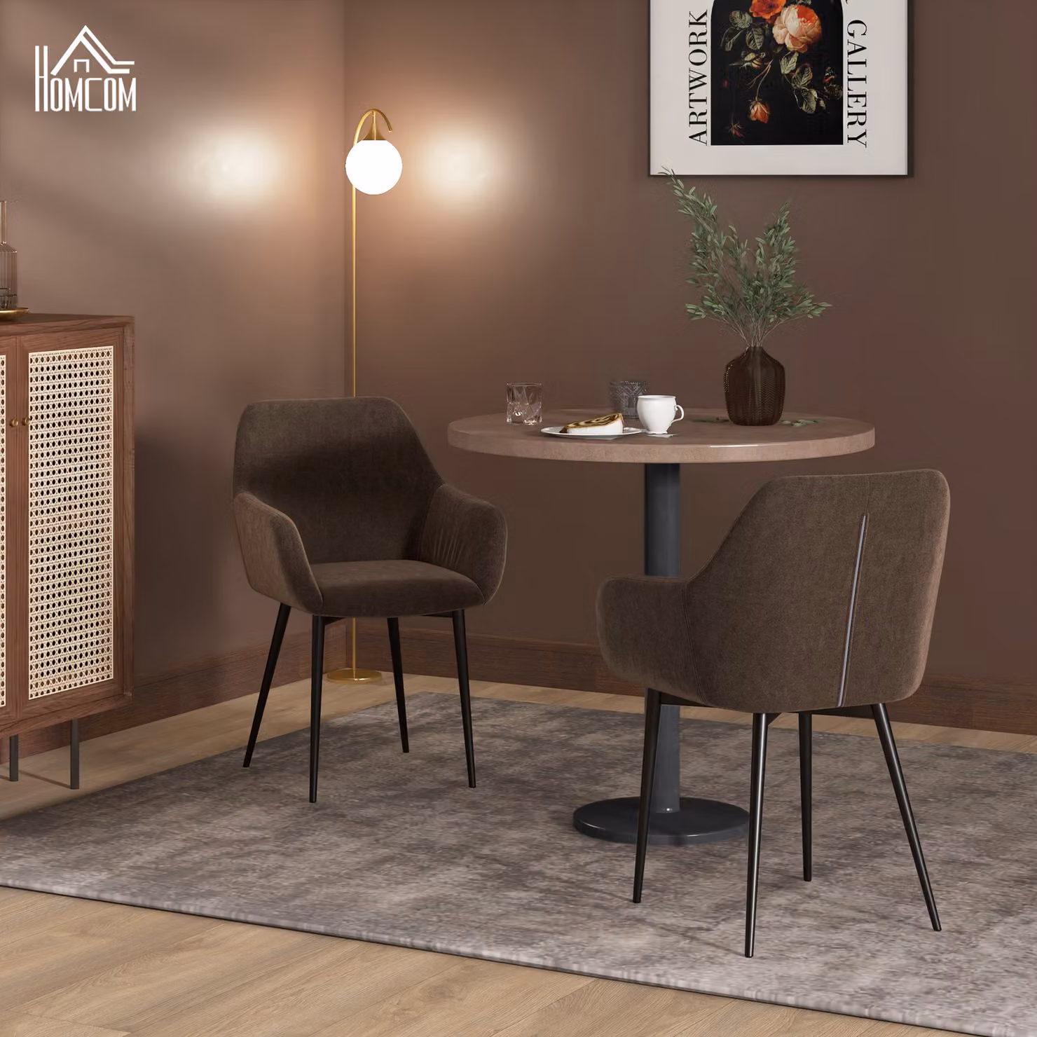 Set di 2 sedie da pranzo HOMCOM in stile nordico con braccioli ricurvi, rivestimento in velluto marrone, L: 54 cm, P: 57 cm, H: 80 cm – 2