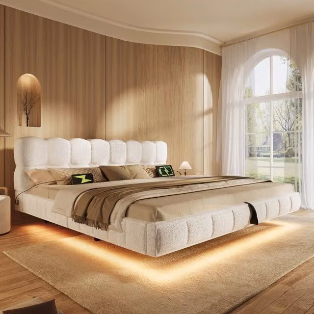 Letto contenitore imbottito 180x200 cm; design sospeso effetto nuvola; sollevamento idraulico; LED; USB/Type-C; ciniglia; beige