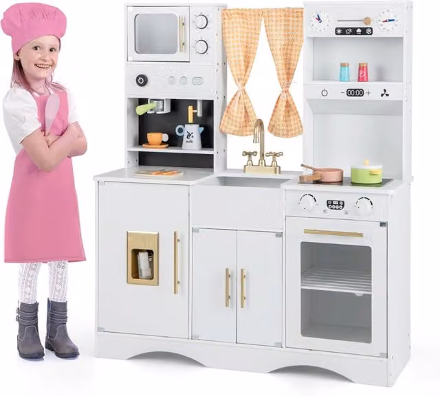 Cucina giocattolo in legno e plastica HELLOSHOP26 bianca con accessori L 102 cm x P 35 cm x H 110 cm
