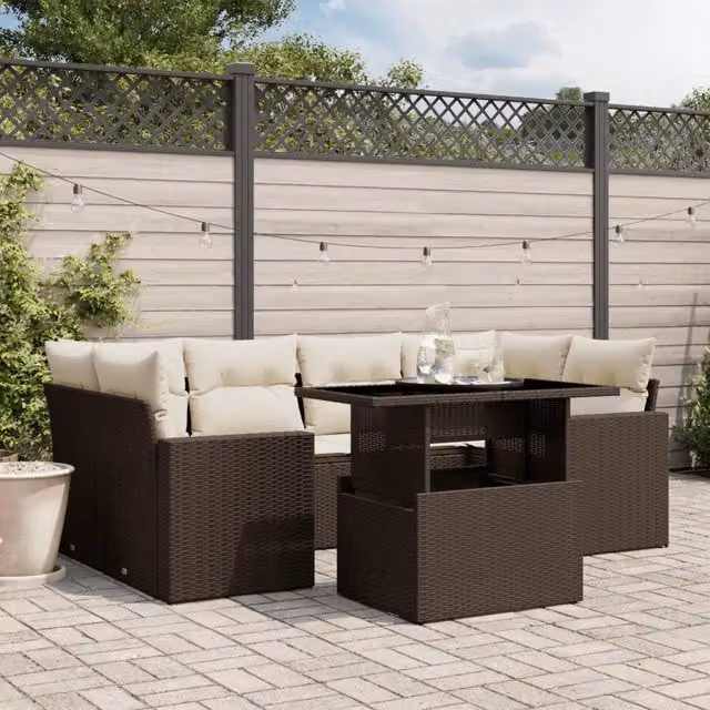 Set Divani da Giardino 7 pz con Cuscini Marrone in Polyrattan 3267133