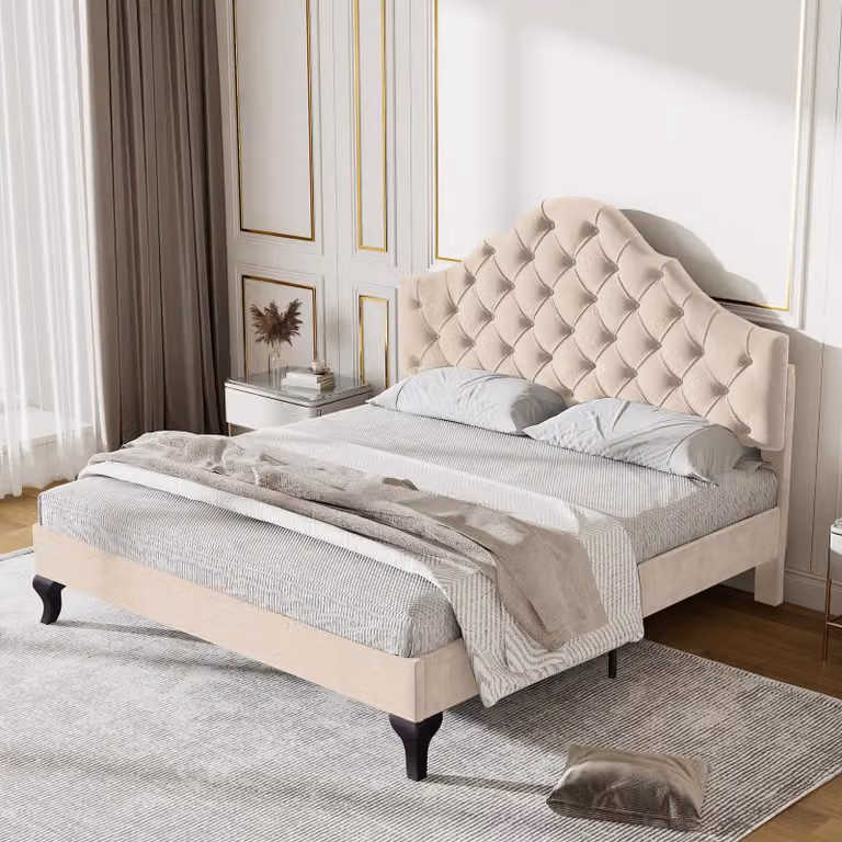 Letto imbottito 140 x 190 con rete a doghe e testata, letto imbottito con testata regolabile in altezza, beige