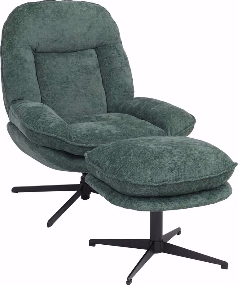 Poltrona relax con sgabello HWC-P32, poltrona TV con sospensione Nosag, metallo girevole tessuto/ceniglia tessile (370 g/m²) ~ verde