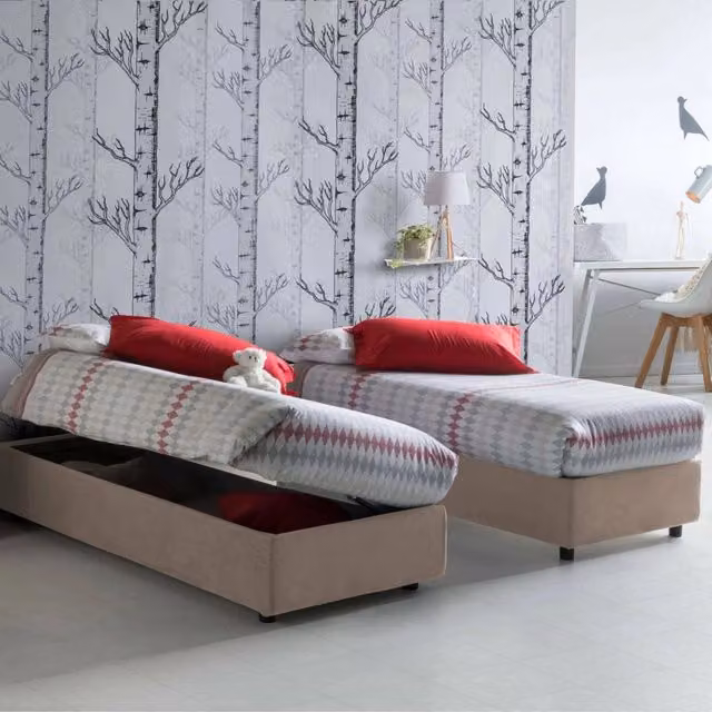 Letto singolo contenitore Abbi Talamo Italia con materasso incluso, rivestimento in tessuto beige, apertura laterale, dimensioni materasso: 80 x 190 cm
