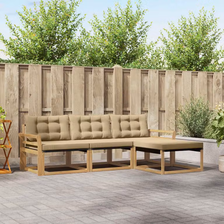 Set di divani da esterno vidaXL a forma di L composto da 4 pezzi in legno di acacia con cuscini bianchi e beige