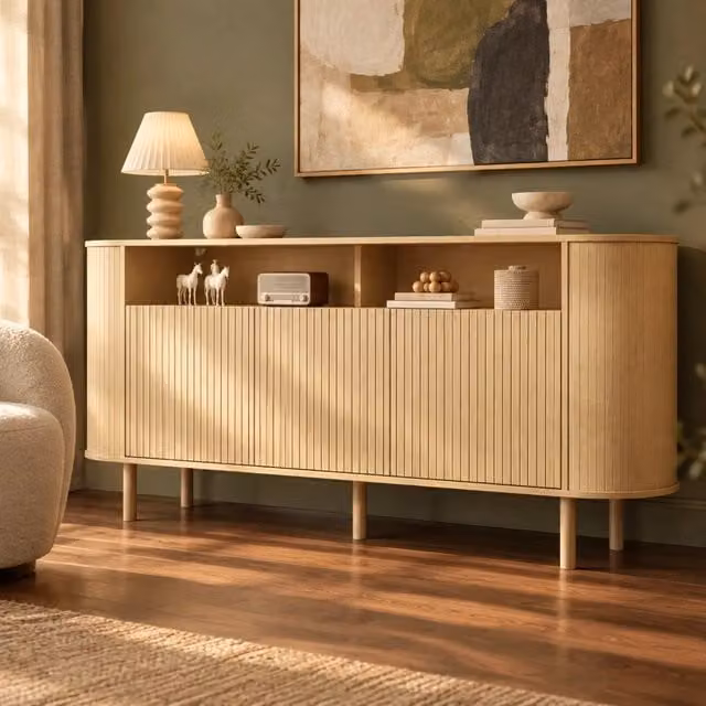 Sideboard 160×40×78,5 cm con 3 ante ondulate e ripiani aperti, gambe in legno massiccio, struttura in pannelli truciolari, colore legno naturale