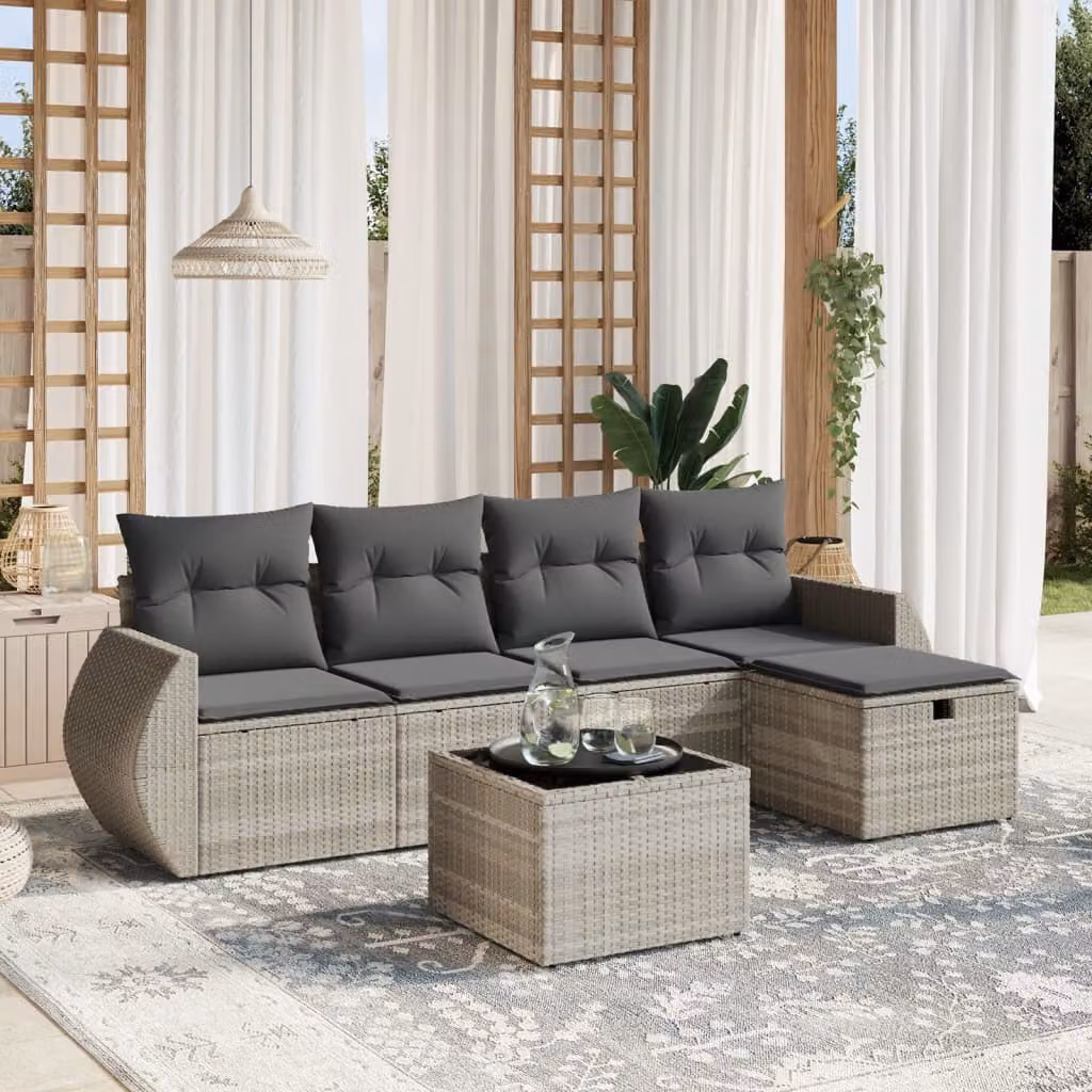 vidaXL Set Divano da Giardino a L 6pz con Cuscini Grigio con Tavolino e Ottoman in Polyrattan e Acciaio – 1