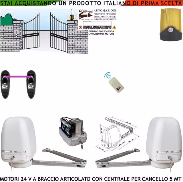 Automazione Cancello Kit Motori Braccio Articolato 24 V 2 Ante da 0,5 a 2,5 MT Centrale 220/24 V Faro Coppia Fotocellule Radiocomando