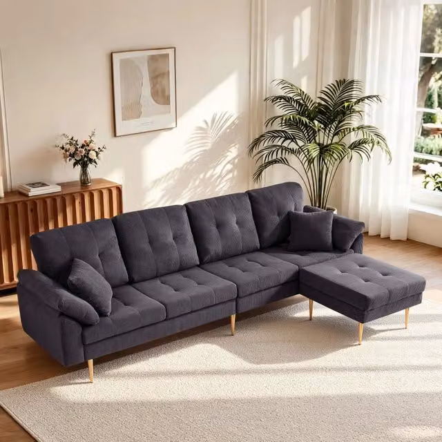Divano MIVRAY a 4 posti in velluto a coste grigio scuro con pouf separato configurabile a L L/P/H: 250 x 87 x 70 cm